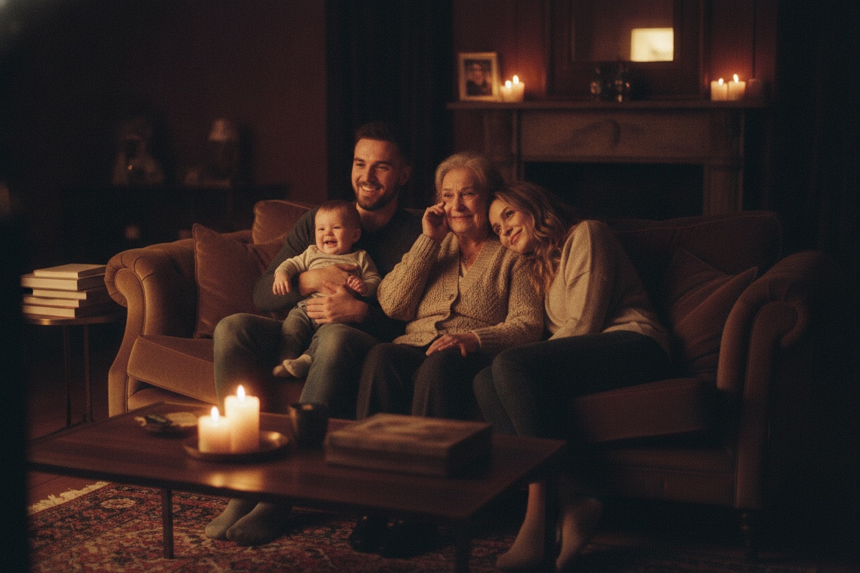 Three generations of a family on a sofa, faces lit by warm TV glow
