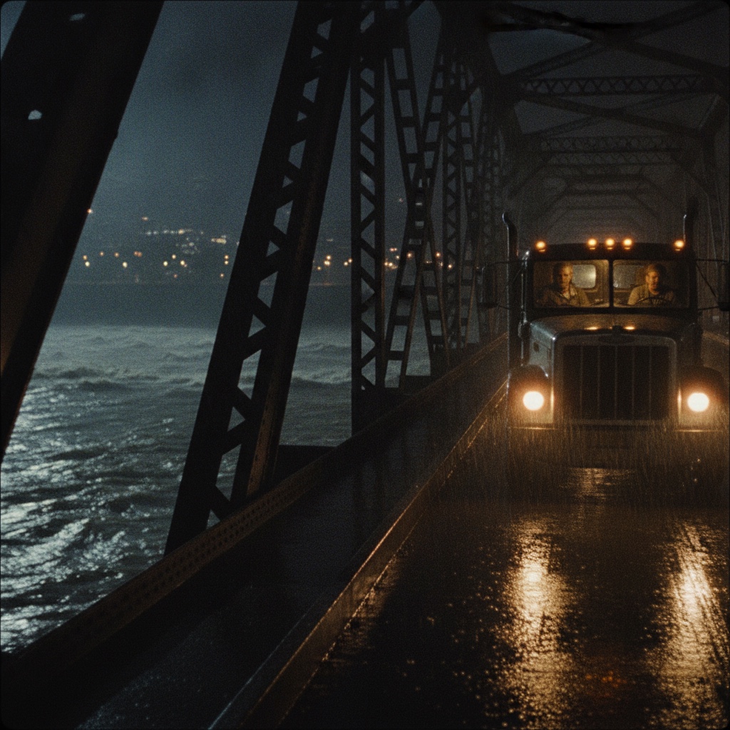 A rain-soaked steel bridge at night lit by truck headlights