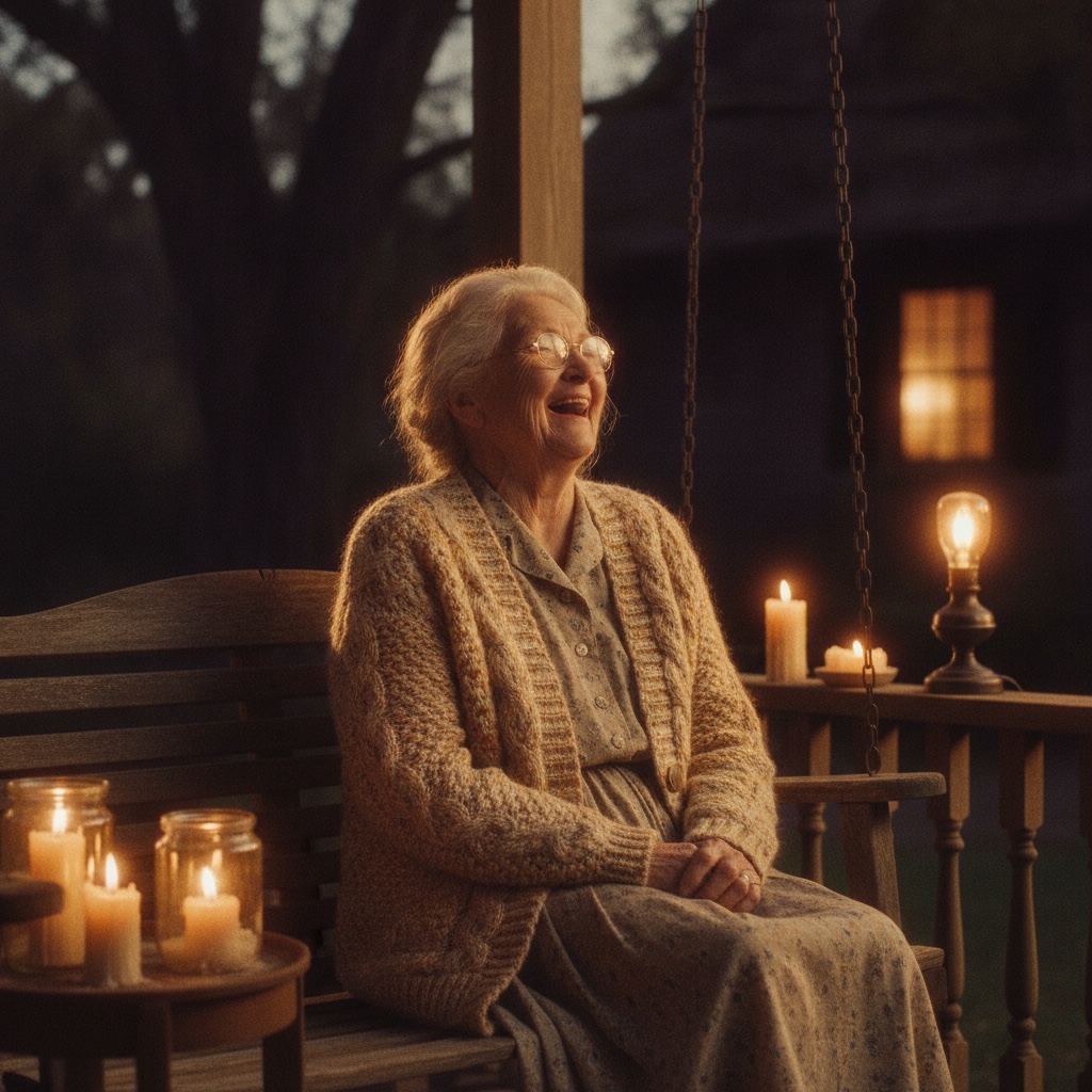 A grandmother laughing warmly on a porch at golden hour