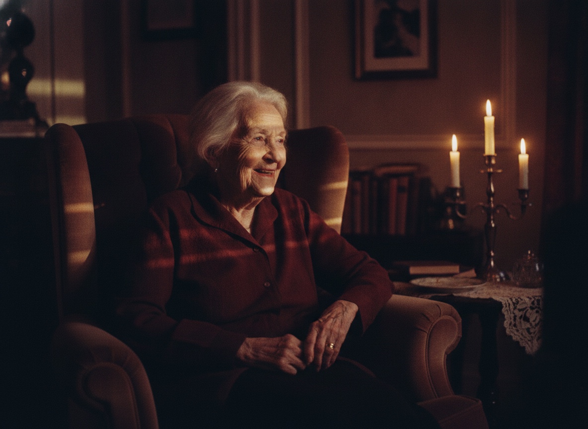 An 80-year-old woman in a wingback armchair, old film projector light flickering across her face