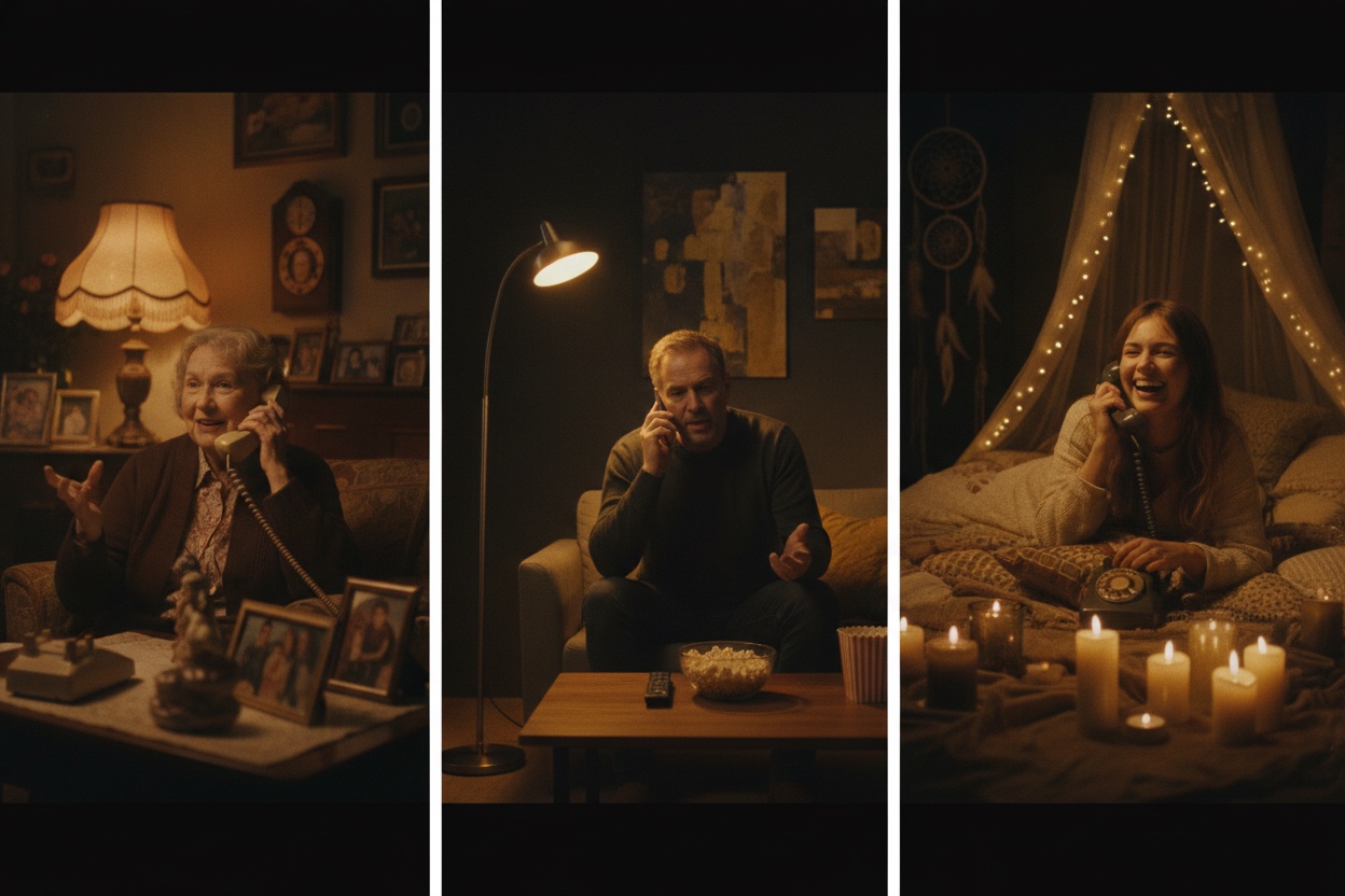 Split frame of three family members in three different rooms, each mid-interview, lit by their own lamp