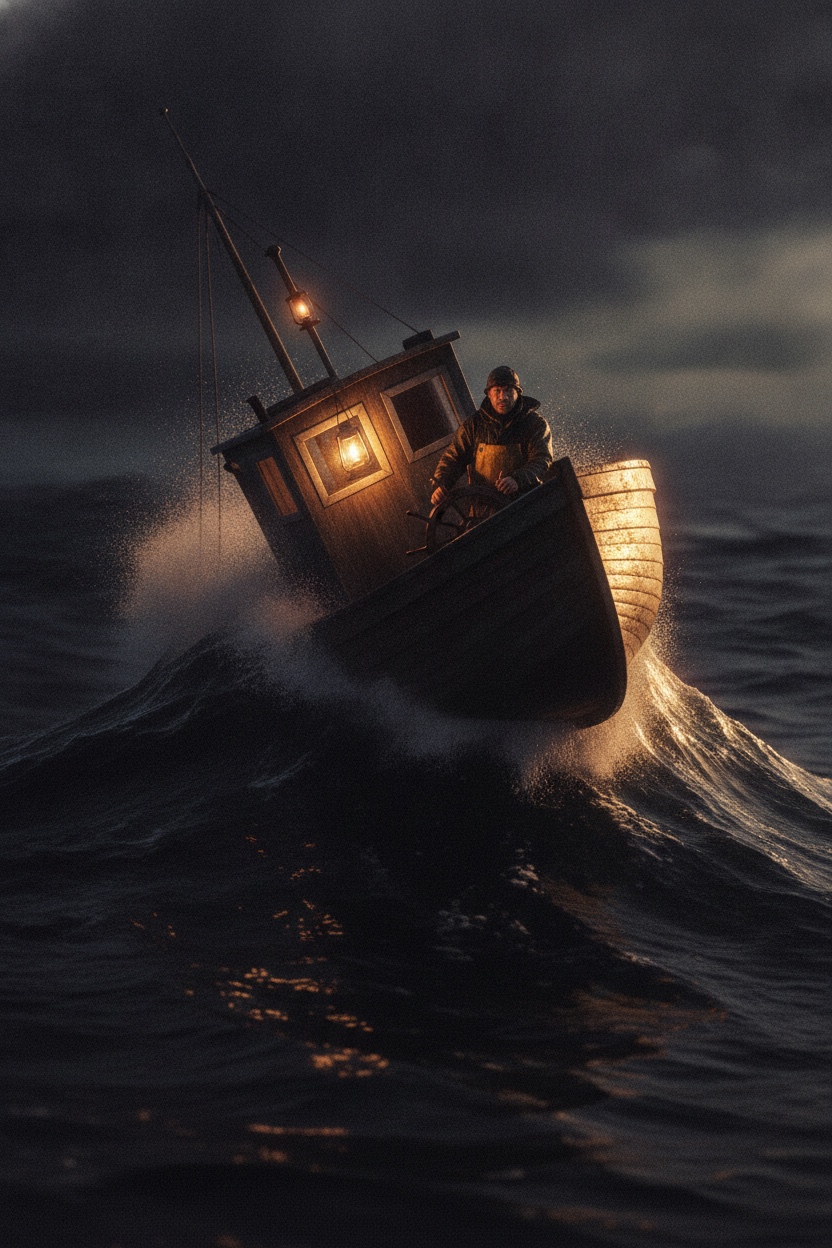 Film poster: a small fishing boat cresting a storm wave, one figure gripping the wheel