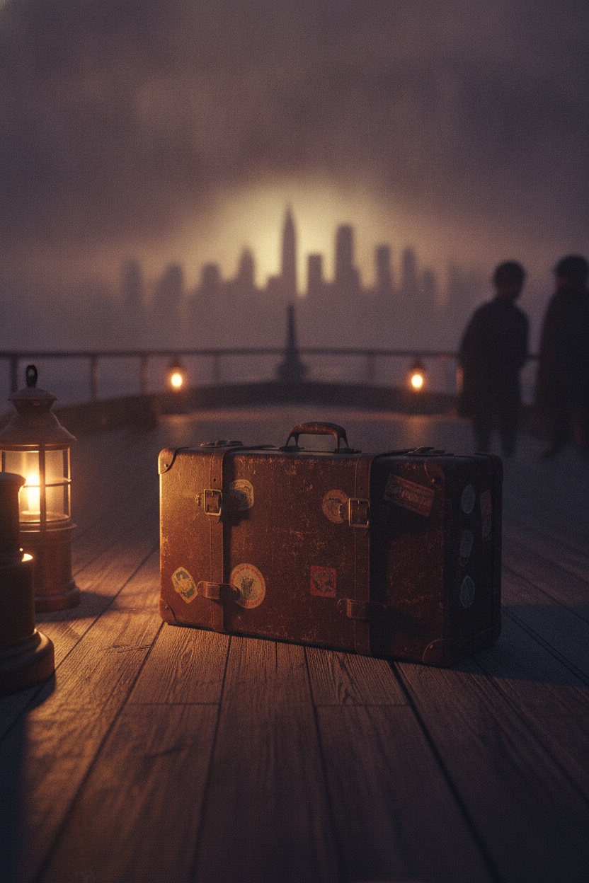 A battered suitcase on a ship deck at dawn, skyline emerging from mist