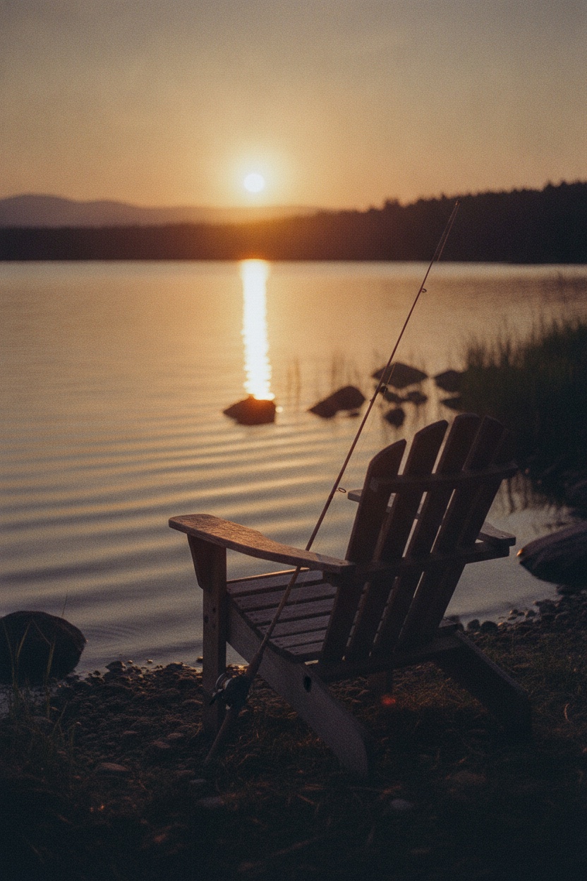An empty wooden chair by a lake at golden hour, fishing rod leaning against it