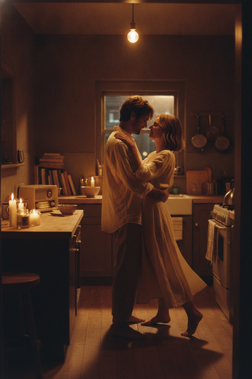 Film poster: a couple slow-dancing barefoot in a small kitchen at night