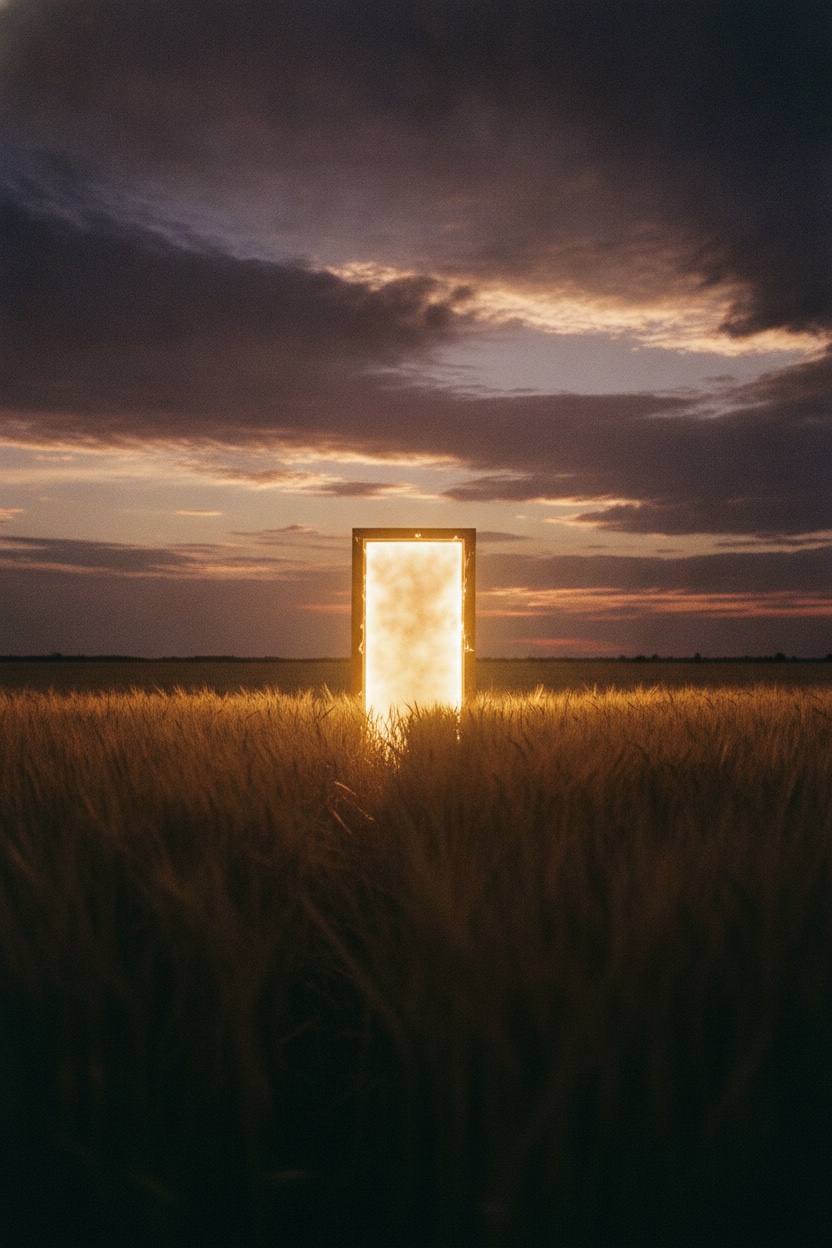 A glowing doorway standing alone in a wheat field under a violet dusk sky